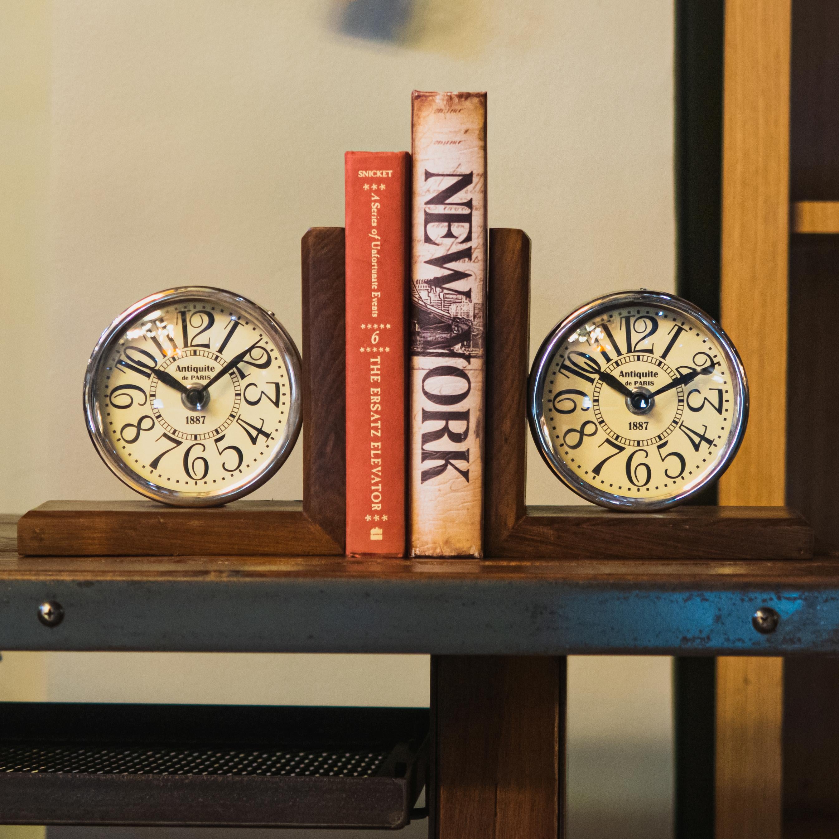 Clock Bookend Wood Metal